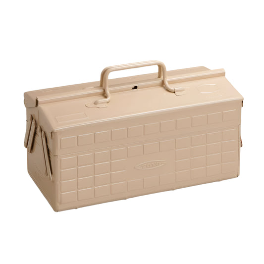 Beige tool box with a handle on a gray background