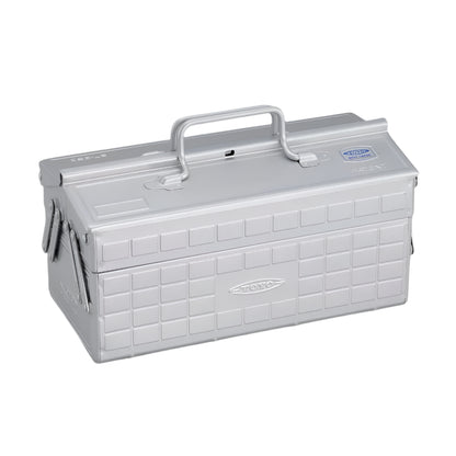 Silver toolbox with a handle on a gray background