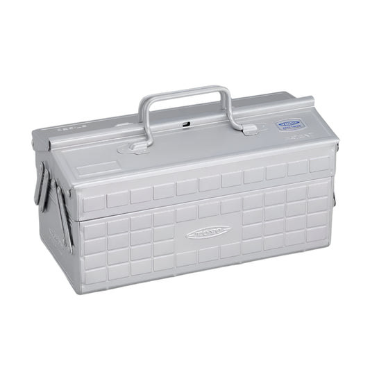 Silver toolbox with a handle on a gray background